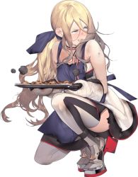 Rule 34 | 1girl, akira (kadokawa), alternate costume, alternate hairstyle, apron, blonde hair, blue eyes, blush, breasts, burnt clothes, cream puff, dress, food, full body, hair between eyes, hair ribbon, kantai collection, kneeling, long hair, looking at another, mole, mole under eye, mole under mouth, multicolored clothes, official art, oven mitts, ribbon, richelieu (kancolle), scarf, sidelocks, smile, solo, thighs, torn clothes, transparent background
