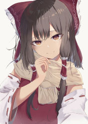 Rule 34 | 1girl, absurdres, bad id, bad pixiv id, bow, brown eyes, brown hair, closed mouth, commentary request, detached sleeves, fingernails, frilled bow, frilled hair tubes, frills, hair bow, hair tubes, hakurei reimu, hand on own chin, hand up, head tilt, highres, jsscj, light blush, long hair, long sleeves, looking at viewer, red bow, red vest, scarf, sidelocks, simple background, smile, solo, split mouth, touhou, upper body, vest, white background, wide sleeves