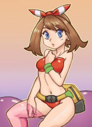 Rule 34 | 1girl, :o, alternate costume, bag, bare arms, bare legs, bare shoulders, bikini, blue eyes, bow, breasts, brown hair, clenched hand, collarbone, creatures (company), female focus, game freak, gradient background, hair bow, hand on own chest, legs, lips, looking at viewer, may (pokemon), may (pokemon oras), medium breasts, navel, neck, nintendo, pokemon, pokemon oras, red bikini, red bow, see-through, short hair, sitting, solo, strapless, strapless bikini, swimsuit, wristband