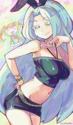 Rule 34 | 2girls, ^ ^, ^o^, animal ears, bare shoulders, belt, blue eyes, blue hair, blush, bow, bowtie, bracelet, breasts, closed eyes, closed eyes, grin, hand on own hip, jewelry, kiratto pri chan, long hair, looking at viewer, midriff, multiple girls, navel, pleated skirt, pretty series, rabbit ears, school uniform, skirt, sleeveless, smile, tarot, twintails, very long hair, woofycakes