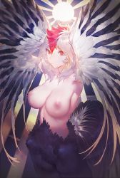 Rule 34 | 1girl, aos, armpits, arms up, backlighting, breasts, character request, closed mouth, collarbone, cowboy shot, feathered wings, harpy, large breasts, monster girl, multicolored hair, nipples, red eyes, red hair, short hair, solo, standing, sun, sunlight, two-tone hair, white hair, winged arms, wings