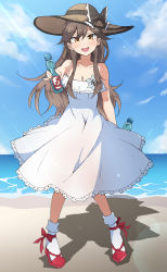 Rule 34 | 1girl, alternate costume, arashio (kancolle), bare shoulders, beach, bottle, bow, breasts, brown eyes, brown hair, cleavage, cloud, day, dress, drink, frilled dress, frills, full body, hat, hat bow, highres, holding, kantai collection, long hair, looking at viewer, medium breasts, nel-c, ocean, open mouth, outdoors, ramune, red footwear, sand, sky, smile, socks, solo, standing, sun hat, sundress, water, white dress, white socks