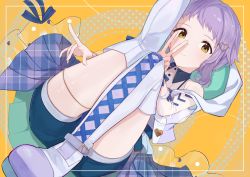 Rule 34 | 1girl, absurdres, blue shorts, boots, highres, idolmaster, idolmaster million live!, karya, leg up, light purple hair, light smile, looking at viewer, makabe mizuki, patterned background, short hair, shorts, solo, thigh boots, thigh strap, v, white footwear, yellow background, yellow eyes