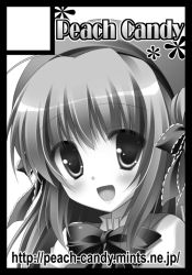 Rule 34 | 1girl, black border, blush, border, bow, circle cut, greyscale, long hair, looking at viewer, monochrome, open mouth, original, smile, solo, yukie (peach candy)