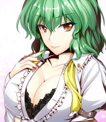 Rule 34 | &gt;:), 1girl, arm garter, black bra, bra, breasts, brown eyes, center opening, cleavage, closed mouth, collarbone, dress shirt, green hair, juliet sleeves, kazami yuuka, lace, lace-trimmed bra, lace trim, large breasts, long sleeves, looking at viewer, nail polish, puffy sleeves, red nails, shirt, short hair, smile, solo, touhou, underwear, upper body, v-shaped eyebrows, white background, white shirt, y2