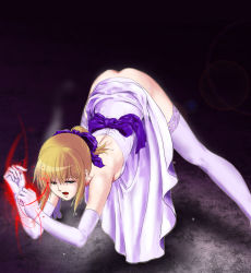 Rule 34 | 1girl, ahoge, artoria pendragon (all), artoria pendragon (fate), ass, bdsm, blonde hair, bondage, bound, dress, elbow gloves, fate/stay night, fate (series), gloves, green eyes, highres, jack-o&#039; challenge, no panties, official alternate costume, parupu (takumx3), restrained, saber (fate), solo, thighhighs, top-down bottom-up, white dress