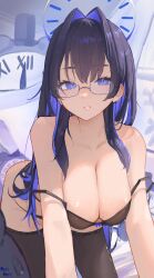Rule 34 | 1girl, absurdres, bare shoulders, black hair, blue eyes, blue hair, bra, breasts, glasses, highres, hololive, hololive english, large breasts, long hair, looking at viewer, multicolored hair, ouro kronii, ouro kronii (casual), rorirori (rorirori45), smile, solo, two-tone hair, underwear, virtual youtuber