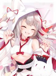 Rule 34 | 1girl, :3, :d, ^ ^, animal hood, azur lane, bare shoulders, belt buckle, belt collar, black panties, blush, breasts, buckle, cherry blossoms, claw pose, closed eyes, clothing cutout, collar, commentary request, creature, detached sleeves, eyelashes, fang, glint, highres, hip vent, hood, japanese clothes, long hair, long sleeves, medium breasts, nail polish, open mouth, panties, petals, pom pom (clothes), red nails, red ribbon, ribbon, shide, shiira (nya rl), silver hair, smile, solo, thick eyebrows, torpedo tubes, underboob, underboob cutout, underwear, upper body, white background, wide sleeves, yuudachi (azur lane), yuudachi (the bride of solomon) (azur lane)