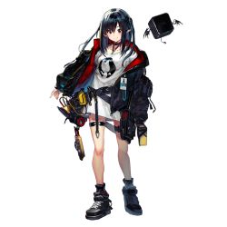 Rule 34 | 1girl, arknights, artist request, belt, black footwear, black hair, black jacket, black legwear, breasts, choker, closure (arknights), collarbone, full body, id card, jacket, lanyard, long hair, long sleeves, looking at viewer, no pants, official art, outstretched arm, outstretched arms, red eyes, shirt, shoes, sleeves past wrists, small breasts, sneakers, solo, source request, spread arms, standing, thigh strap, tool belt, tools, transparent background, twintails, white shirt