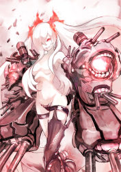 Rule 34 | 10s, 1girl, abyssal ship, breasts, cannon, cowboy shot, crotch plate, glowing, glowing eyes, grin, hair censor, hair over breasts, hair over one eye, k yukihiko, kantai collection, long hair, looking at viewer, navel, pale skin, red eyes, smile, solo, southern ocean war princess, standing, thigh strap, topless, turret, twintails, very long hair, white hair, yukihiko (tyabobo)