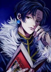 Rule 34 | 1boy, black hair, book, chrollo lucilfer, facial mark, forehead mark, highres, holding, holding book, hunter x hunter, jewelry, looking at viewer, male focus, marumeco8, multiple rings, parted lips, ring, solo