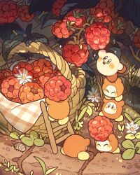 Rule 34 | basket, blue eyes, blush stickers, brick, brown eyes, bug, bush, closed mouth, colored skin, commentary, flower, food, fruit, harukui, highres, holding, holding food, holding fruit, kirby, kirby (series), ladder, leaf, nintendo, no humans, no mouth, open mouth, outdoors, oversized object, pink skin, raspberry, reaching, red footwear, shoes, smile, sparkle, symbol-only commentary, waddle dee, white flower, yellow footwear
