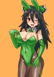 Rule 34 | 1girl, ;d, alternate costume, animal ears, bare shoulders, black hair, black pantyhose, blush, bow, bowtie, breasts, cleavage, cowboy shot, detached collar, elbow gloves, fake animal ears, gloves, green bow, green bowtie, hair bow, leotard, long hair, looking at viewer, medium breasts, mimuni362, one eye closed, open mouth, pantyhose, playboy bunny, rabbit ears, red eyes, reiuji utsuho, smile, solo, touhou