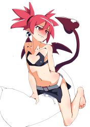 Rule 34 | 1girl, atthattime, barefoot, bat wings, belt, collarbone, crotch rub, dakimakura (object), demon tail, disgaea, drooling, earrings, etna (disgaea), female masturbation, highres, jewelry, masturbation, pillow, pillow sex, pointy ears, pussy juice, red eyes, red hair, skull earrings, solo, straddling, sweat, tail, wings