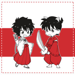 Rule 34 | 1boy, 1girl, :d, animal ears, arrow (projectile), barefoot, blush, border, cosplay, dog ears, dotted line, edogawa conan, extra ears, fang, full body, hakama, hanakan, hand up, hidaka noriko, holding, holding sword, holding weapon, inuyasha, inuyasha (character), inuyasha (character) (cosplay), japanese clothes, kariginu, kikyou (inuyasha), kikyou (inuyasha) (cosplay), meitantei conan, miko, monochrome, open mouth, quiver, red theme, ribbon-trimmed sleeves, ribbon trim, sandals, sera masumi, short hair, skin fang, smile, standing, standing on one leg, sword, voice actor connection, weapon, wide sleeves, yamaguchi kappei, zouri
