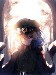 Rule 34 | 1girl, absurdres, blonde hair, blue eyes, closed mouth, commentary request, cross, hair between eyes, hair over one eye, hat, highres, looking at viewer, messy hair, military, military uniform, short hair, solo, suisen-21, sunlight, tanya degurechaff, uniform, youjo senki