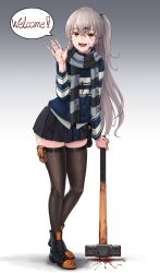 Rule 34 | 1girl, :d, black footwear, black skirt, blood, blood on clothes, blood on face, blood splatter, blue sweater, boots, brown thighhighs, cloel, commentary request, empty eyes, english text, girls&#039; frontline, gradient background, grey background, grey hair, grey scarf, grey sweater, hair between eyes, hammer, hand up, highres, horror (theme), leaning forward, long hair, long sleeves, looking at viewer, official alternate costume, one side up, open mouth, orange eyes, pouch, scarf, skirt, sledgehammer, smile, solo, speech bubble, striped clothes, striped scarf, sweater, thighhighs, ump45 (&quot;just this time.&quot;) (girls&#039; frontline), ump45 (girls&#039; frontline), very long hair, waving, zettai ryouiki