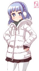 Rule 34 | 1girl, black skirt, blue eyes, blue hair, blunt bangs, coat, cowboy shot, dated, down jacket, earmuffs, hands on own hips, hatsukaze (kancolle), highres, jacket, kanon (kurogane knights), kantai collection, logo, looking at viewer, medium hair, pantyhose, pleated skirt, simple background, skirt, sleeves past wrists, solo, white background, white coat, white pantyhose, winter clothes