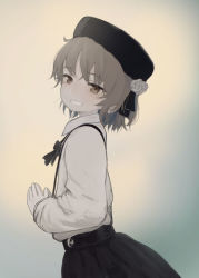 Rule 34 | 1girl, beret, black bow, black bowtie, black hat, black ribbon, black skirt, blouse, bow, bowtie, brown eyes, brown hair, collared shirt, commentary request, flower, from side, grin, half-closed eyes, hat, hatoba tsugu, highres, long sleeves, looking at viewer, nito (nshtntr), partial commentary, ribbon, rose, shirt, short hair, skirt, smile, solo, standing, suspender skirt, suspenders, upper body, virtual youtuber, white flower, white rose, white shirt