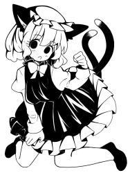 Rule 34 | 1girl, :o, animal ear fluff, animal ears, bow, bowtie, breasts, cat ears, cat tail, chen, dress, full body, greyscale, hair between eyes, hand up, hanokami, hat, kneeling, looking at viewer, medium breasts, medium hair, mob cap, monochrome, multiple tails, nekomata, open mouth, paw pose, simple background, solo, tail, touhou, two tails, white background