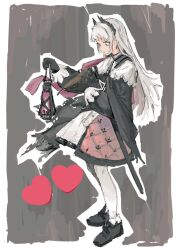 Rule 34 | 1girl, arknights, bird girl, black footwear, black jacket, boots, border, capelet, dress, from side, full body, grey background, grey eyes, grey hair, head wings, heart, holding, holding lantern, irene (arknights), jacket, lantern, long hair, long sleeves, open clothes, open jacket, outline, pantyhose, quilted jacket, ryne 25, solo, straight hair, white border, white capelet, white dress, white outline, white pantyhose, wings