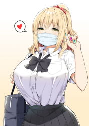 Rule 34 | 1girl, bag, black bow, black bowtie, black skirt, blonde hair, yui (sky-freedom), bow, bowtie, breasts, commentary, fingernails, gradient background, hair between eyes, hair ornament, hair scrunchie, hand up, heart, highres, huge breasts, long fingernails, long hair, looking at viewer, mask, mouth mask, multicolored nails, nail polish, original, ponytail, red scrunchie, scrunchie, shirt, short sleeves, simple background, skirt, sky-freedom, solo, spoken heart, surgical mask, white shirt, yellow background, yellow eyes, yui (sky-freedom)
