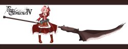 Rule 34 | 1girl, bad id, bad pixiv id, copyright name, hat, highres, huge weapon, ikameshi (ika meshi), letterboxed, long image, looking at viewer, mikuma, pink hair, pixiv fantasia, pixiv fantasia 4, red eyes, short hair, simple background, smile, solo, weapon, white background, wide image