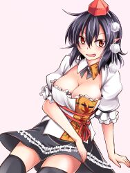 Rule 34 | alternative facts in eastern utopia, ashiroku (miracle hinacle), black hair, black ribbon, black thighhighs, breasts, brown eyes, cleavage, clip studio paint (medium), commentary request, detached collar, frilled shirt collar, frills, hat, highres, leaf print, medium breasts, miniskirt, neck ribbon, open mouth, pointy ears, pom pom (clothes), puffy short sleeves, puffy sleeves, red hat, red ribbon, ribbon, shameimaru aya, shirt, short hair, short sleeves, skirt, thighhighs, thighs, tokin hat, touhou, white shirt