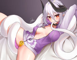 Rule 34 | 1girl, animal hands, arm up, blush, bottomless, breasts, breasts apart, bright pupils, buckle, censored, collar, colored inner hair, emoji, grey background, grey jacket, hair between eyes, hand on own chest, highres, horns, jacket, large breasts, long sleeves, looking at viewer, lying, mouth hold, multicolored hair, naked jacket, navel, no bra, novelty censor, on back, open clothes, open jacket, original, partially unzipped, purple hair, red eyes, short hair, signature, silver hair, simple background, sleeves past wrists, snake tail, solo, spread legs, tail, thighs, thinking emoji, two-tone hair, z.m. (zimin), zipper, zipper pull tab