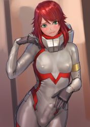 Rule 34 | 1boy, blush, bodysuit, bulge, contrapposto, embarrassed, erection, erection under clothes, formal, green eyes, grey theme, highres, indoors, kilye kairi, male focus, medium hair, original, penis, puffy chest, red hair, red theme, skin tight, smile, solo, suit, testicles