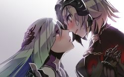 Rule 34 | 2girls, armor, blonde hair, blush, brynhildr (fate), capelet, chain, face-to-face, fate/grand order, fate/prototype, fate/prototype: fragments of blue and silver, fate (series), hair ornament, headpiece, jeanne d&#039;arc (fate), jeanne d&#039;arc (ruler) (fate), jeanne d&#039;arc alter (avenger) (fate), jeanne d&#039;arc alter (fate), long hair, multiple girls, open mouth, purple eyes, ruler (fate/grand order), sentaku nori, short hair, silver hair, simple background, sweat, very long hair, yellow eyes, yuri