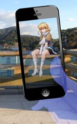 Rule 34 | 1girl, arm warmers, bad id, bad twitter id, between legs, blonde hair, blue sky, cellphone, commentary request, creatures (company), day, game freak, green eyes, hand between legs, iphone, jacket, japanese clothes, kneehighs, lake, looking at viewer, mizuhashi parsee, mountain, nintendo, on railing, ootsuki wataru, parody, phone, photo background, pointy ears, pokemon, pokemon go, railing, scarf, short hair, short ponytail, sidelocks, sitting, skirt, sky, smartphone, socks, solo, touhou, viewfinder