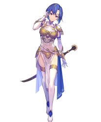 Rule 34 | 1girl, arm guards, armor, blue eyes, blue hair, boots, breastplate, catria (fire emblem), dress, elbow gloves, fire emblem, fire emblem: mystery of the emblem, fire emblem echoes: shadows of valentia, fire emblem heroes, full body, gloves, head tilt, headband, highres, kakage, nintendo, short hair, shoulder pads, solo, standing, sword, thigh boots, thighhighs, transparent background, weapon, white footwear