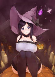Rule 34 | 1girl, bare shoulders, black panties, black thighhighs, blue eyes, blush, breasts, bug, butsu menhou, censored, choker, cleavage, crotchless, crotchless panties, elbow gloves, female pubic hair, fire, fire, gloves, halloween, hat, heart, heart censor, highres, insect, jack-o&#039;-lantern, lace, lace choker, lace trim, large breasts, long hair, looking at viewer, mole, mole under eye, moth, original, panties, pubic hair, pumpkin, purple gloves, purple hair, pussy, sitting, skull, smile, solo, thick thighs, thighhighs, thighs, underwear, witch, witch hat