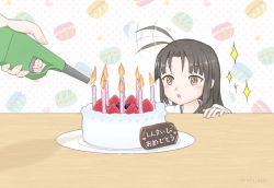 Rule 34 | 1girl, ahoge, birthday, birthday cake, black hair, blush, brown eyes, cake, food, kantai collection, lighter, long hair, plate, raty star, shouhou (kancolle), solo focus, straight hair, table, translation request