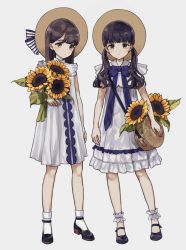 Rule 34 | 2girls, bag, black footwear, black hair, blue bow, blue eyes, blush, bow, brown headwear, closed mouth, commentary request, dress, flower, grey background, grey eyes, hat, hat bow, holding, holding flower, kashiwagi chisame, long hair, looking at viewer, multiple girls, original, shoes, shoulder bag, simple background, sleeveless, sleeveless dress, socks, standing, striped, striped bow, sun hat, sunflower, twintails, white dress, white legwear, yellow flower