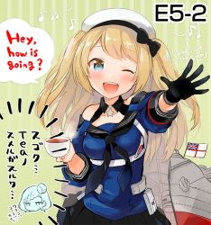 Rule 34 | 2girls, abyssal ship, alternate hairstyle, anbutter siruko, black gloves, black skirt, blonde hair, blue eyes, blue shirt, breasts, brown eyes, character request, cleavage, commentary request, cosplay, cowboy shot, cup, eighth note, english text, gloves, green background, hat, jervis (kancolle), johnston (kancolle), johnston (kancolle) (cosplay), kantai collection, looking at viewer, machinery, multiple girls, musical note, off shoulder, one eye closed, open mouth, pleated skirt, sailor collar, sailor hat, school uniform, serafuku, shirt, single glove, skirt, smile, striped, striped background, teacup, teeth, two side up, upper teeth only, white headwear