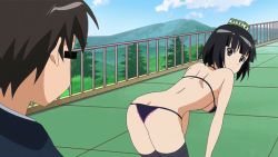 Rule 34 | +tic nee-san, 1boy, 1girl, animated, animated gif, anime screenshot, ass, ass shake, bent over, black thighhighs, butt crack, lingerie, looking back, object on head, rooftop, thighhighs, thong, underwear