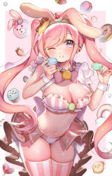 Rule 34 | 1girl, animal ears, back bow, bare arms, bow, bowtie, breasts, candy, cleavage, cleavage cutout, clothing cutout, commentary request, cowboy shot, cupcake, doughnut, ear piercing, earrings, extra ears, food, frills, fruit, hairband, hands up, highres, holding, holding food, jewelry, lollipop, long hair, looking at viewer, macaron, midriff, multicolored nails, nail polish, navel, one eye closed, original, piercing, pink bow, pink eyes, pink hair, pink thighhighs, rabbit ears, showgirl skirt, sleeveless, smile, solo, stomach, strawberry, striped clothes, striped thighhighs, swept bangs, thighhighs, thighs, tsukimi mumi, twintails, vertical-striped clothes, vertical-striped thighhighs, white thighhighs, wrist cuffs