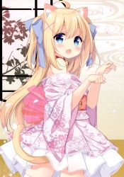 Rule 34 | 1girl, :o, absurdres, ahoge, animal ear fluff, animal ears, bell, blonde hair, blue bow, blue eyes, blush, bow, cat ears, cat girl, cat tail, collar, fang, floral print, hair between eyes, hair bow, hair ornament, hands up, highres, japanese clothes, jingle bell, kimono, long hair, looking at viewer, looking to the side, mimura zaja, moneko-chan, neck bell, non-web source, obi, off shoulder, open mouth, original, paw pose, pink kimono, pleated skirt, print kimono, red collar, sash, sidelocks, skirt, solo, tail, tail raised, thighhighs, two side up, very long hair, white skirt, white thighhighs, x hair ornament