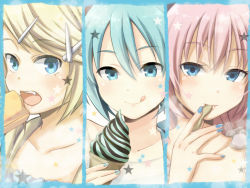 Rule 34 | 3girls, :q, blonde hair, blue eyes, blue hair, blue nails, courreges ace, face, food, hatsune miku, ice cream, kagamine rin, megurine luka, multiple girls, nail polish, open mouth, pink hair, smile, star (symbol), tongue, tongue out, vocaloid