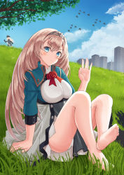 Rule 34 | 2girls, barefoot, bismarck (kancolle), blonde hair, blue eyes, blue sky, breasts, building, cloud, commentary request, corset, cropped jacket, day, dress shirt, flower, hand up, kantai collection, long hair, mayura (lucadia), medium breasts, military, military uniform, multiple girls, outdoors, panties, pantyshot, red flower, red rose, rose, shirt, sitting, skirt, sky, solo focus, tree, underskirt, underwear, uniform, victorious (kancolle), waving, white panties, white shirt, white skirt
