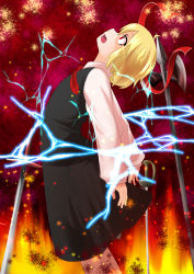 Rule 34 | 1girl, absurdres, arched back, arms at sides, blonde hair, ex-rumia, fire, gradient background, hair ribbon, halberd, head tilt, highres, lightning, long sleeves, looking up, necktie, open mouth, planted, planted sword, planted weapon, polearm, red background, red eyes, reito (lyra-yasao-0628), ribbon, rumia, short hair, skirt, skirt set, solo, sword, touhou, untied, weapon