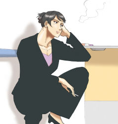 Rule 34 | 1girl, black eyes, black hair, earrings, formal, highres, jewelry, nappy (artist), necklace, smoking, solo, squatting, suit