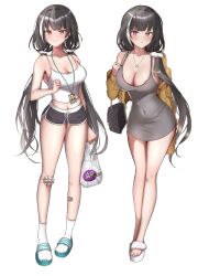 1girl areola_slip bag black_bra black_hair black_shorts bra bra_peek breasts cardigan cleavage closed_mouth collarbone covered_navel cowboy_shot dolphin_shorts dress girls&#039;_frontline grey_dress hair_ornament hair_scrunchie hand_up handbag heterochromia highres holding holding_bag jewelry large_breasts long_hair long_sleeves looking_at_viewer multicolored_hair multiple_views navel necklace open_cardigan open_clothes phago red_eyes ro635_(girls&#039;_frontline) scrunchie shorts sideboob simple_background smile streaked_hair tank_top twintails underwear very_long_hair white_background white_hair white_tank_top yellow_cardigan yellow_eyes