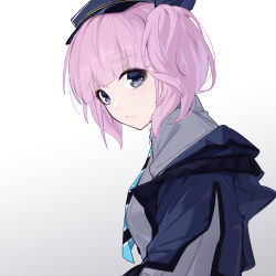 Rule 34 | 1girl, black hat, black jacket, blue necktie, chinese commentary, closed mouth, commentary request, girls band cry, gradient background, grey background, grey eyes, grey shirt, hat, highres, hina (girls band cry), jacket, looking at viewer, necktie, pink hair, shirt, solo, twintails, upper body, white background, yun cao bing