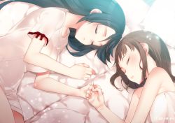 Rule 34 | 2girls, alternate costume, alternate hairstyle, bare arms, bare shoulders, blue hair, blush, breasts, brown hair, closed eyes, cushion, from above, futon, hair down, holding hands, isuzu (kancolle), kantai collection, koruri, light particles, lips, long hair, lying, medium breasts, multiple girls, naka (kancolle), off shoulder, on side, pajamas, parted lips, sidelocks, sleeping, small breasts, upper body