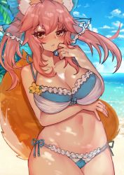 Rule 34 | 10s, 1girl, :o, animal ear fluff, animal ears, bare arms, bare shoulders, bikini, blue bikini, blue ribbon, blue sky, blush, bow, breast hold, breasts, cleavage, cloud, collarbone, commentary request, cowboy shot, dappled sunlight, day, fate/extra, fate (series), flower, fox ears, fox tail, frilled bikini, frilled bow, frills, hair between eyes, hair bow, hand on own face, horizon, large bow, large breasts, looking at viewer, navel, official alternate costume, open mouth, osiimi, outdoors, palm tree, pink hair, ribbon, ribbon-trimmed bikini, side-tie bikini bottom, sidelocks, sky, solo, standing, stomach, summer, sunlight, swimsuit, tail, tamamo (fate), tamamo no mae (fate/extra), tamamo no mae (vacances d&#039;ete) (fate), thighs, tree