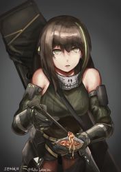 Rule 34 | 1girl, absurdres, bandana, brown hair, commentary, detached sleeves, english commentary, fallenspherell, field ration, food, girls&#039; frontline, gloves, green eyes, green hair, highres, holding, holding food, incoming food, looking at viewer, m4a1 (girls&#039; frontline), m4a1 (mod3) (girls&#039; frontline), mod3 (girls&#039; frontline), multicolored hair, particle cannon case, pasta, skull print, solo, spaghetti, streaked hair, utensil, weapon case