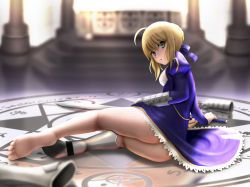 Rule 34 | 1girl, :o, ahoge, armor, armored dress, artoria pendragon (all), artoria pendragon (fate), ass, barefoot, blonde hair, dress, excalibur (fate/stay night), fate/zero, fate (series), feet, gauntlets, greaves, green eyes, looking back, magic circle, saber (fate), shoes, single shoe, siraha, soles, solo, sword, toes, weapon